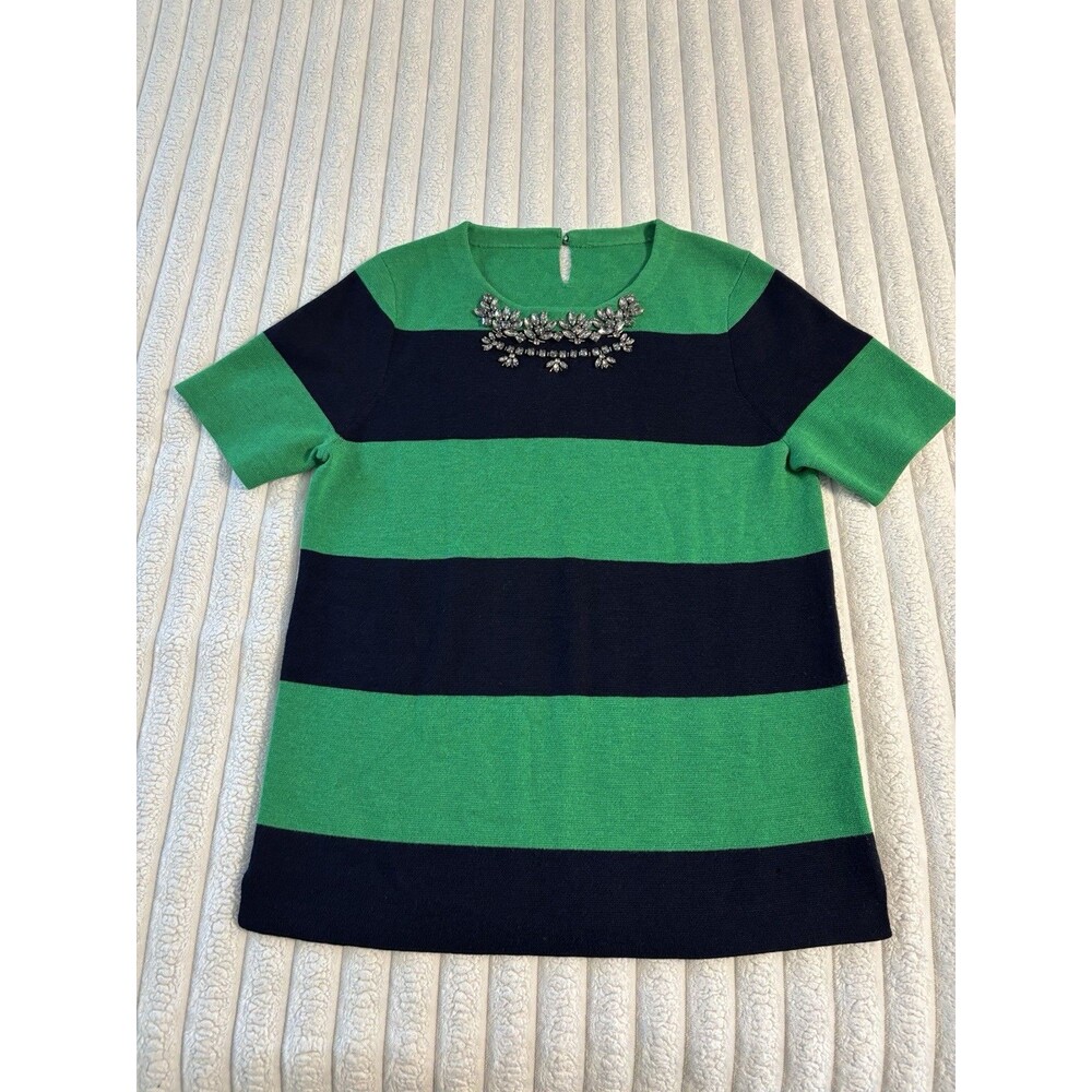 J Crew 100% Merino Wool Striped Rhinestone Sweater Womens Medium Navy Blue Green